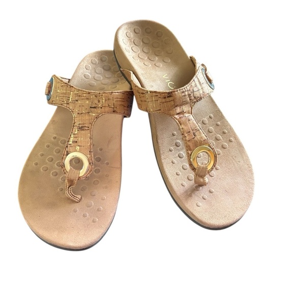 Vionic Lana Taupe/Gold Cork Thong Sandal Slide Sz 8 Comfort Podiatrist Crafted - Picture 1 of 4